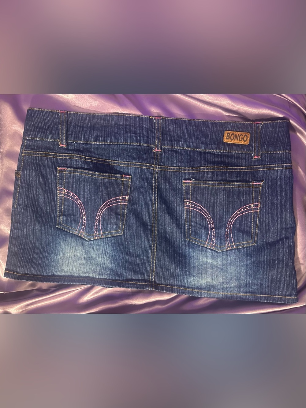 Y2K McBling Bongo Dark Wash Denim Micro Mini Skirt Rhinestone Pink Detail Sz 9